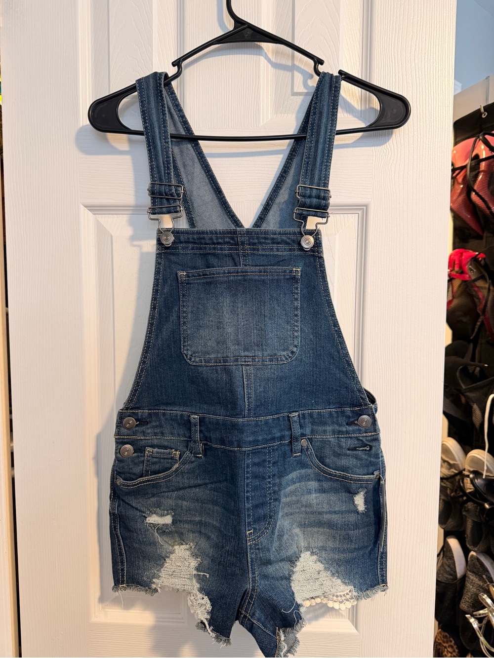 No Boundaries Distressed Denim Short Overalls in Blue